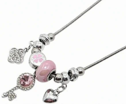 Cadena de acero quirurgico con dije simil pandora rosa 45cm + 5cm